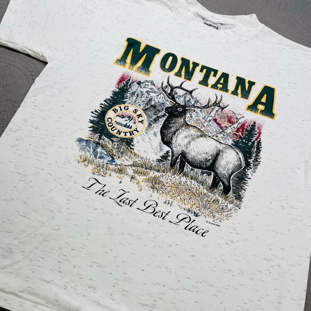 Vintage Nature T Shirt Mens Elk Deer Oneita Large Mountain Big Sky Montana